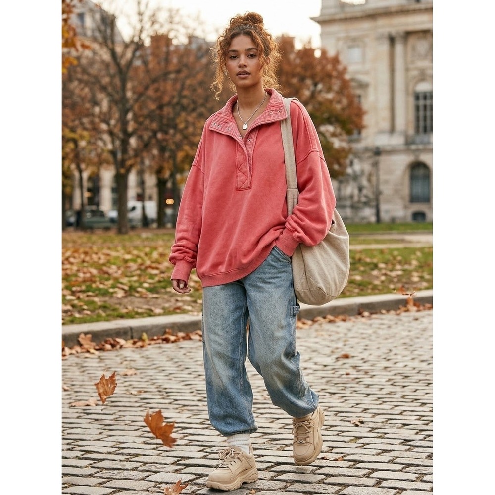 Aerie Women Red Waffle Lined Snap Neck Oversized Sweatshirt Pullover S